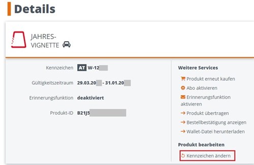 ASFINAG Mautshop Kennzeichen für ein Produkt ändern