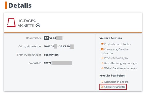 ASFINAG Mautshop Gültigkeit eines Produktes ändern