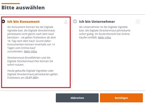 ASFINAG Mautshop Auswahl Konsument / Unternehmer